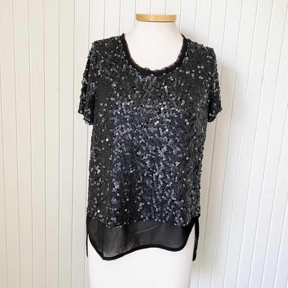 NWT Alberto Makali Black Sequin Sheer Short Sleeve Shirt Top Size Medium - Picture 13 of 13